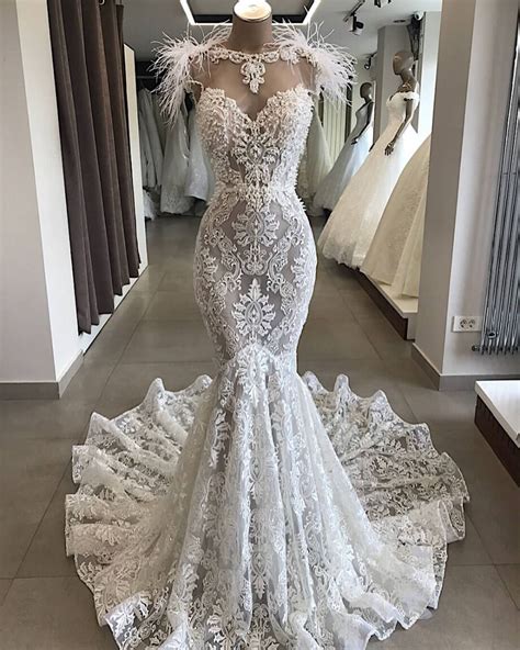 Luxurious Pearl Feather Beading Mermaid Wedding Gown Estimated