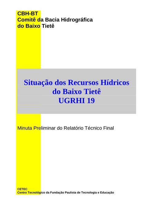 PDF Situação dos Recursos Hídricos do Baixo Tietê UGRHI 19 PDF