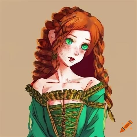 Redheaded Woman With Emerald Green Eyes In Medieval Attire In Anime