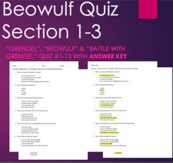 Beowulf Quiz Sections Grendel Beowulf Battle With