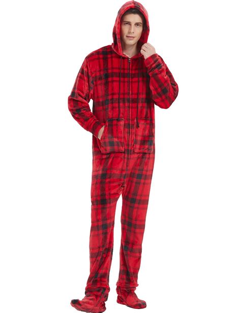 Plaid Cotton Flannel Adult Footie Onesie Drop Seat Pajamas For Men And