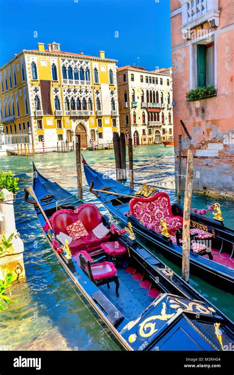 Colorful Gondolas Grand Canal Buildings Boats Reflections Venice Italy