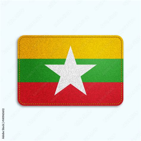 National Flag Of Myanmar With Denim Texture And Orange Seam Realistic