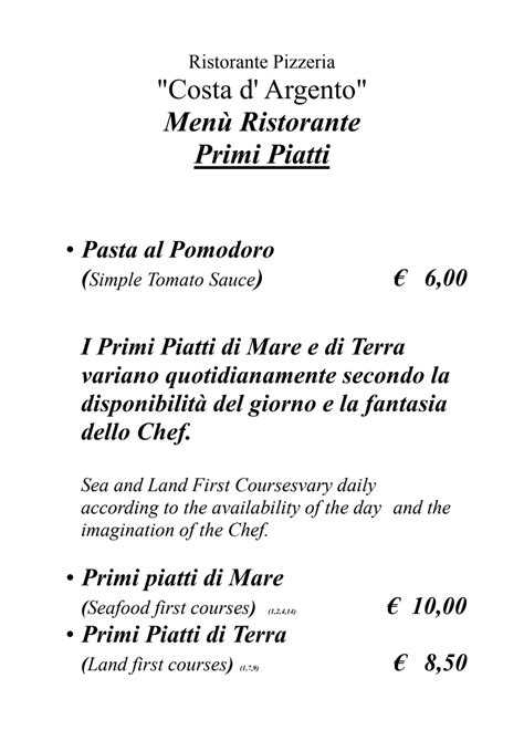 Menu San Vito Chietino Pizzeria Ristorante Costa D Argento In