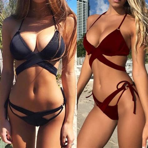 Mulheres Sexy Cruz Bandage Bikini Set Push Acolchoado Monokini Swimwear