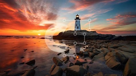 Beautiful Sunset Picture With Lighthouse On Rocky Shore Stock Photo