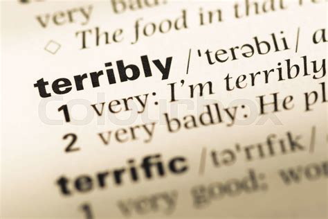 close    english dictionary page  word terribly stock