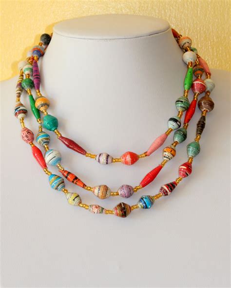 African Design Necklace Hand Rolled Paper Beads Paper Mache