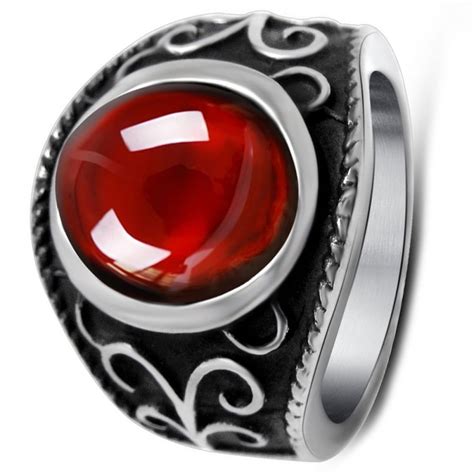 Bague Homme Chevaliere Acier Pierre Rouge Ovale Bijouxstore Webid