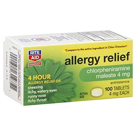 Rite Aid Allergy Medicine Chlorpheniramine Maleate 4mg 100 Count