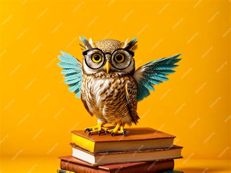 Premium Photo An Owl Character Wearing Round Spectacles Perched On A Stack Of Books Against A