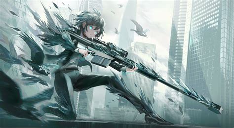 Anime Anime Girls Swav Artwork Birds Sniper Rifle Suits Blue Eyes Black