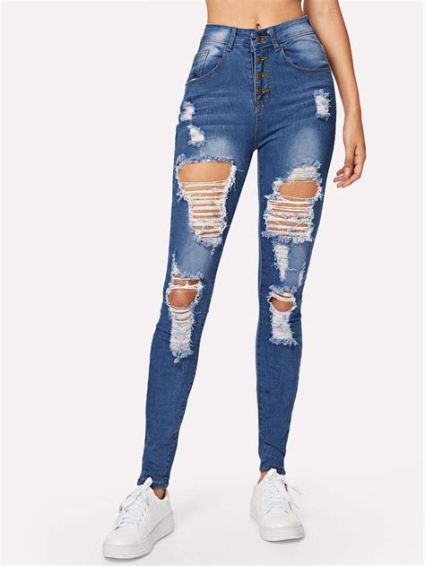 Ripped Faded Wash Button Fly Skinny Jeans Cute Ripped Jeans Best Jeans For Women Jeans