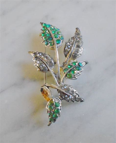 Rhinestone Leaf Brooch Vintage Blue And Clear Unsigned Etsy