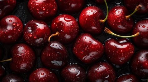 Primer plano de cerezas rojas maduras con fotografía de alimentos con