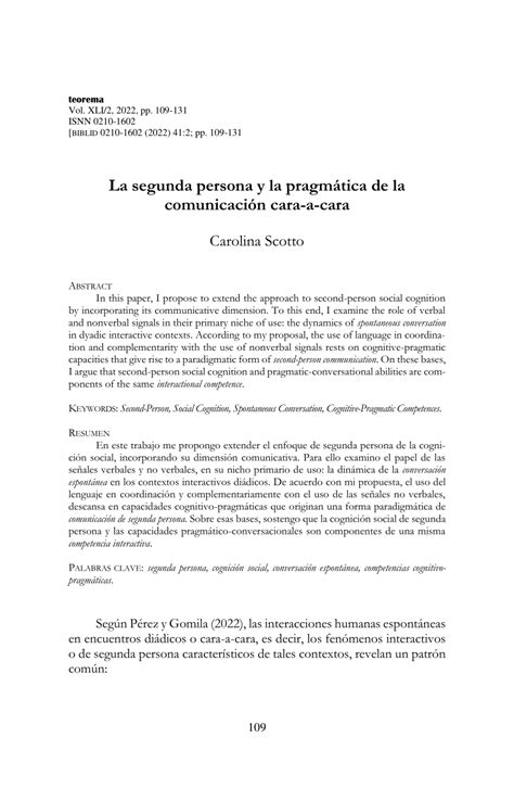 Pdf La Segunda Persona Y La Pragm Tica De La Comunicaci N Cara A Cara