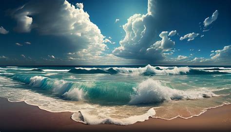 Uma cena de praia um céu azul e nuvens Foto Premium