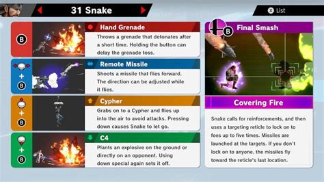 Snake Super Smash Bros Ultimate Unlock Stats Moves