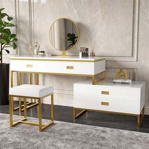 Modern White Makeup Vanity Expandable Dressing Table With Cabinet Mirrorandstool Included Homary