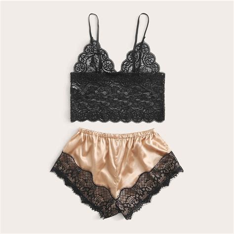 Sexy Floral Lace Bralette With Satin Shorts Lingerie Set Td Mercado