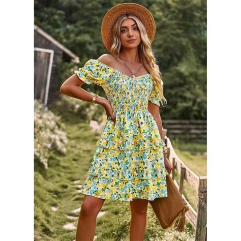 Robe Femme Chic Et Elegant Vacances La Plage Sexy Romantique Jaune