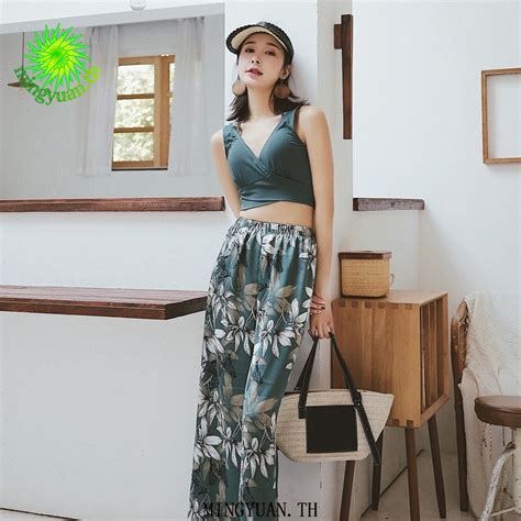 Mingyuan Open Back Three Piece Swimsuit Leaf Floral Pattern Bikini