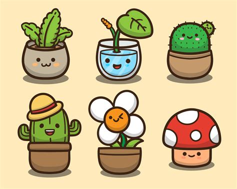 Cute Cartoon Doodle Plant Set Collection Vector Illustration