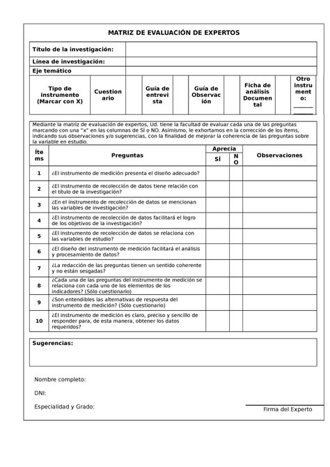 Formato De Validaci N De Expertos Matriz De Evaluaci N De