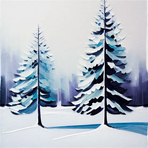 Acrylic Painting Idea - snow-covered pine trees against a backdrop of a ...