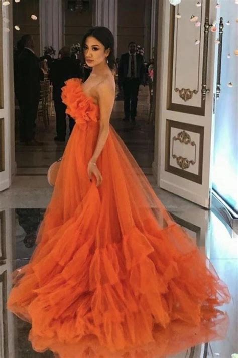 Orange Ruffles Tulle Evening Party Dresses Strapless Tiered Long Prom Dresses OKW75 - ShopperBoard