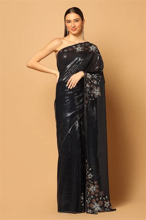 Buy Black Embroidery Sequin And Floral Saree With Unstitched Blouse