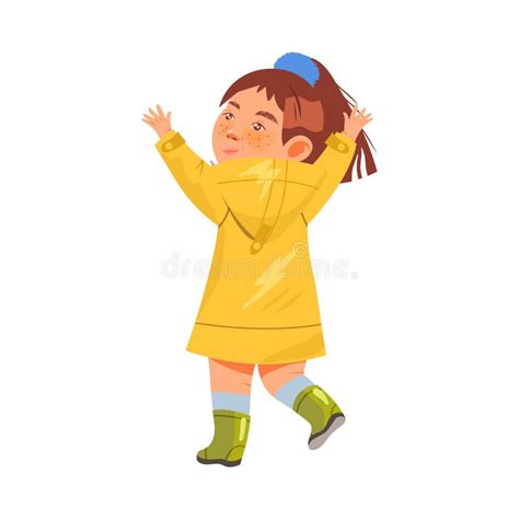 Funny Boy In Raincoat Playing In Puddle Enjoying Autumn Weather Vector Flat Illustration