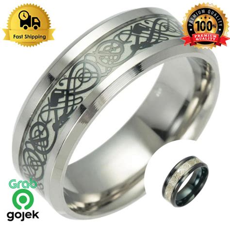 Jual Cincin Pria Titanium Naga Celtic Glow In Dark Menyala Dalam Gelap