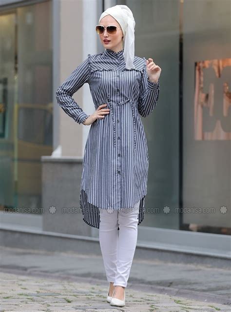 Crew Neck Stripe Black Tunic Selma Sarı Design Muslimah