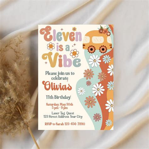 Eleven Is A Vibe Birthday Invitation Editable Retro Daisy Groovy