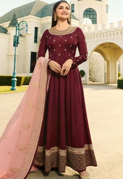 Prachi Desai Wine Silk Long Anarkali Suit