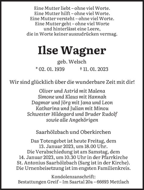 Traueranzeigen Von Ilse Wagner Saarbruecker Zeitung Trauer De