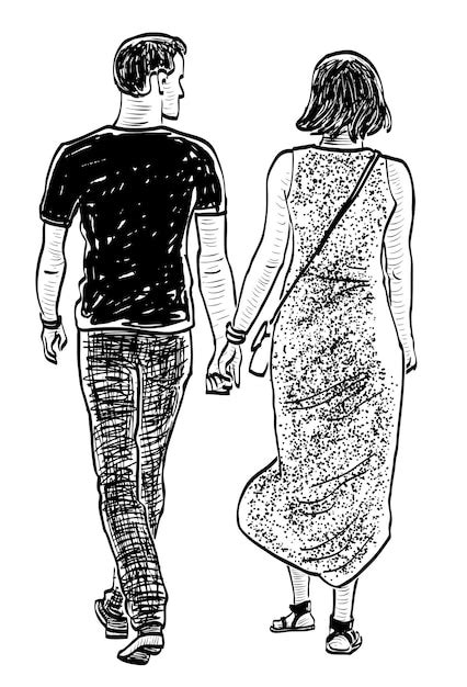 Premium Vector Sketch Of Couple Young Citizens Walking On A Stroll