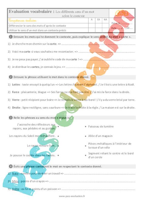 Les Différents Sens Dun Mot Selon Le Contexte Au Ce2 Evaluation Et