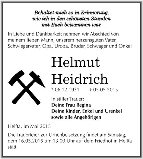 Traueranzeigen Von Helmut Heidrich Abschied Nehmen De