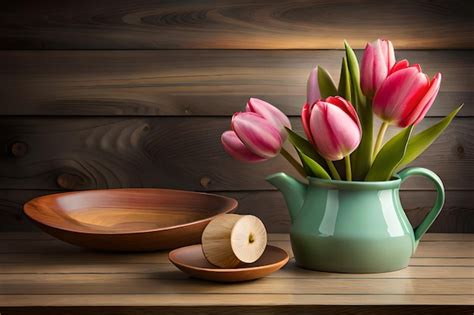 Premium Ai Image A Vase Of Pink Tulips Sits On A Wooden Table With A