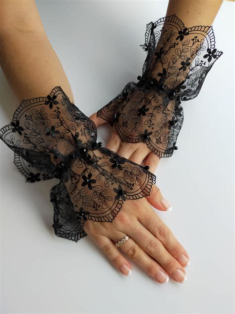 Ruffled Wrist Cuff Gothic Black Lace Gloves Fingerless Etsy In 2021