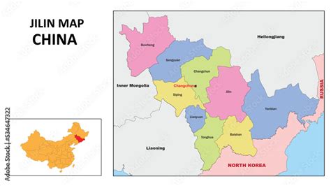 Jilin Map of China. State and district map of Jilin. Political map of Jilin with country capital ...