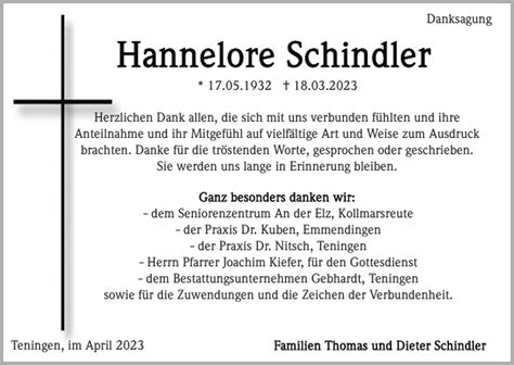 Hannelore Schindler Traueranzeige Badische Zeitung