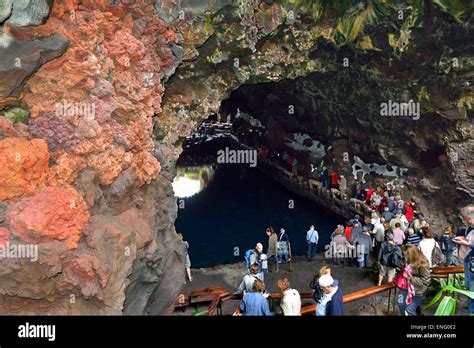 Canary Islands Lanzarote Island Tourists In The Caves Of Jameos Del