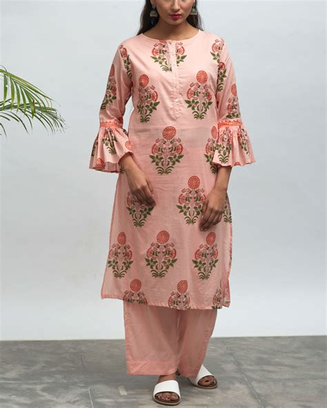 Tea Party Hand Block Printed Kurta Pant Set By Free Living The Secret Label