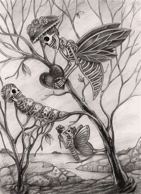 Art Fantasy Surreal Familly Butterfly Skulls Hand Drawing And Make