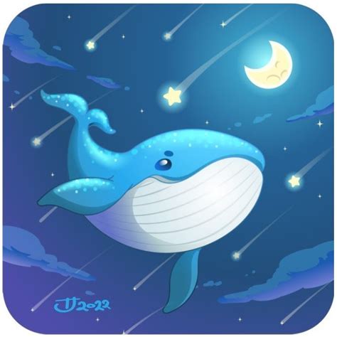 A Blue Whale Floating In The Ocean Under A Night Sky With Stars And