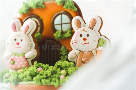 Gingerbread Cookies In The Shape Of Cute Easter Bunny Decorated With