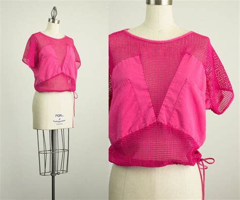 S Vintage Hot Pink Fishnet Slouchy Cropped Shirt Size Etsy Pink Fishnets Crop Shirt